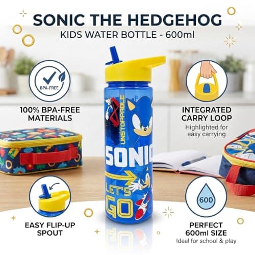 Sonic The Hedgehog 600ml Kids Water Bottle with Flip Spout & Straw – BPA Free Leak Proof Sports Drinks Bottle with Carry Loop – SEGA Official Sonic ‘Unstoppable’ Design, Blue — view 3
