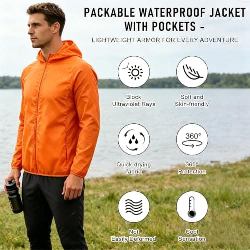 ADUDVLO Men's Lightweight Waterproof Jacket with Pockets, Packable Hooded Windproof Rain Jacket for Travel, Running & Hiking – Includes Carry Pouch (UK, Alpha, XS, Regular, Regular, Orange) — view 3