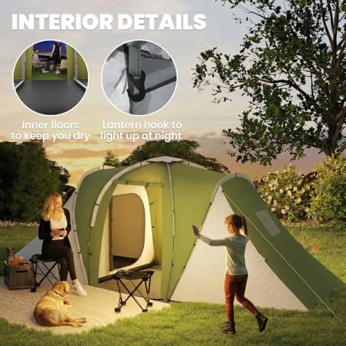 Outsunny 4 Man Tunnel Tent 2 Bedroom 555L x 225W x 190H cm Green and White — view 6
