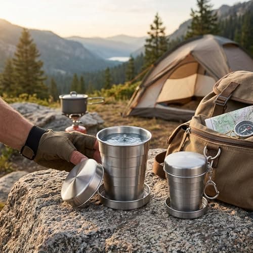 OWATRKDEY 1 Pack Stainless Steel Collapsible Cup, Portable Folding Shot Glass with Lid & Keychain, Compact Travel Cup for Camping, Hiking & Outdoor Use (Silvery, 2.5 oz / 75 ml) — view 6