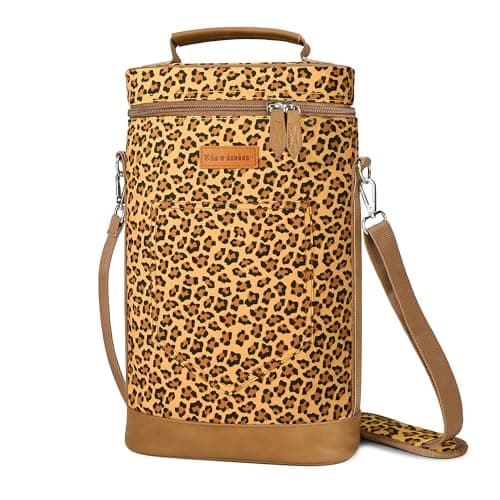 Kato Tirrinia Insulated Wine Cooler Bag Leakproof Padded Portable Wine Carrier with Shoulder Strap 2 Bottle Wine Bag for Camping Travel Beach Picnic Gift for Wine Lovers Leopard Printed
