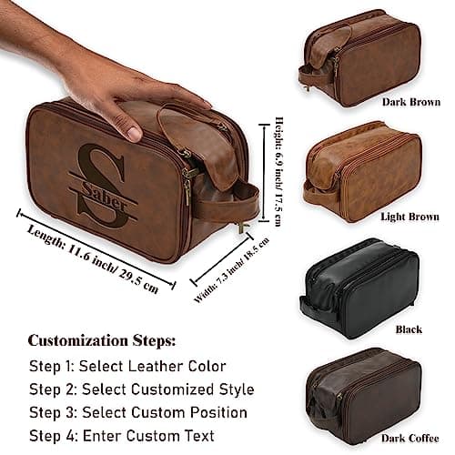 Personalized Toiletry Bag for Men, Large Capacity, Custom Name Initials PU Leather Dopp Kit, Groomsmen Gift, Customized Travel Monogrammed Travel Shaving Bag, Handcrafted for Dad, Husband, Grandpa — view 2