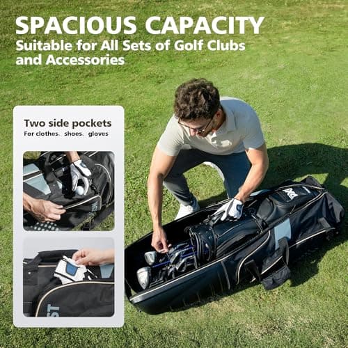 Golf Travel Bags for Airlines with Wheels, Hard Case Top and 1680D Heavy Duty Oxford Protect Golf Clubs, Lightweight and Easy to Maneuver, Black and Khaki — view 6