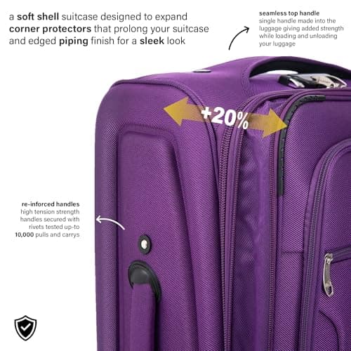 Aerostar Carry-on 20" Lightweight Soft Expandable Suitcase, Hand Luggage 2 Wheel & Combination Lock, 55x35x25cm | Accepted All Airlines Including British Airways (Purple, 32 litres) — view 4