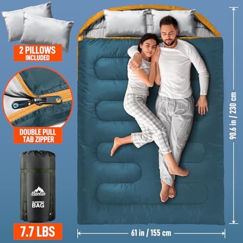 Double Sleeping Bag for Adults Mens with Pillow, XL Queen Size Two Person Sleeping Bag for All Season Camping Hiking Backpacking 2 Person Sleeping Bags for Cold Weather & Warm (Navy Blue & Turmeric) — view 2