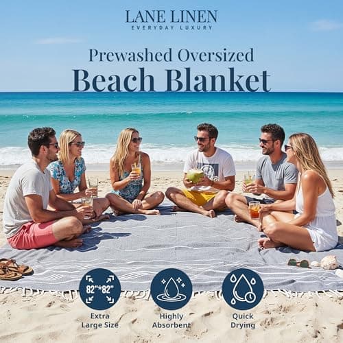 LANE LINEN Big Beach Blanket XL – Turkish Cotton Oversized Quick Dry Towel – XXL Sand Free 208x208 cm Towel for Camping, Travel, Beach, and Picnic Essentials - Smokey Black — view 2