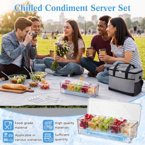 Patelai Chilled Condiment Box Container with Ice Pack and Insulated Bag, 5 Compartment Condiment Tray with Lids, Portable Chilled Snack Serving Set for Picnic, Camping, Road Trip — view 6
