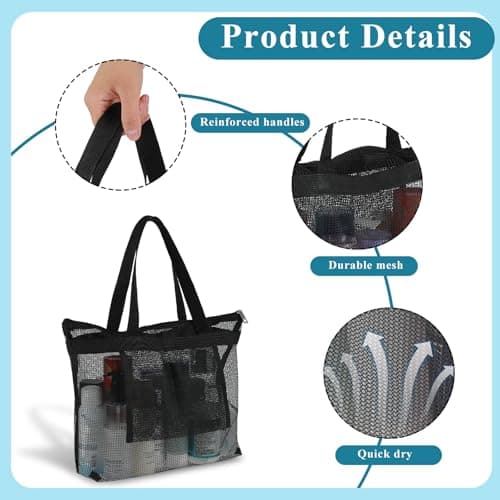 Mesh Shower Bag, Shower Caddy Portable Mesh Tote Bag with Zipper, Quick Dry Hanging Bath and Toiletry Organizer for College Dorms, Gym, Beach, Camping, Swimming, Yoga and Travel (1Pcs, Black) — view 3
