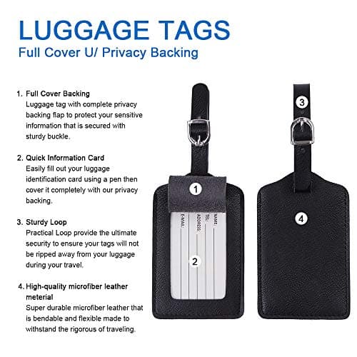 Luggage Tags, Microfiber Leather Personalized Suitcase Tag Set Luggage id Tags Labels Travel Accessories-Set of 4(Black) — view 2
