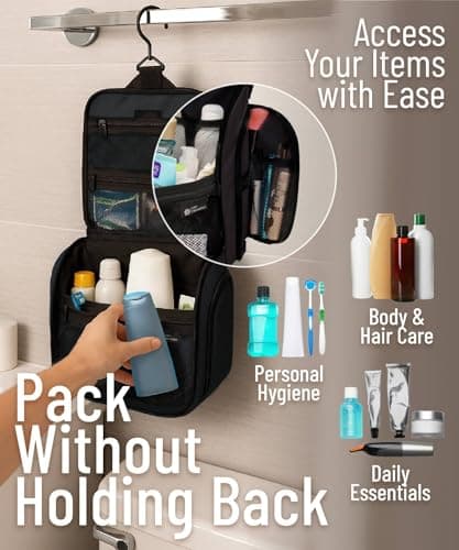 D&D Hanging Toiletry Bag for Women and Men, Large Travel Wash Bag, Black — view 5