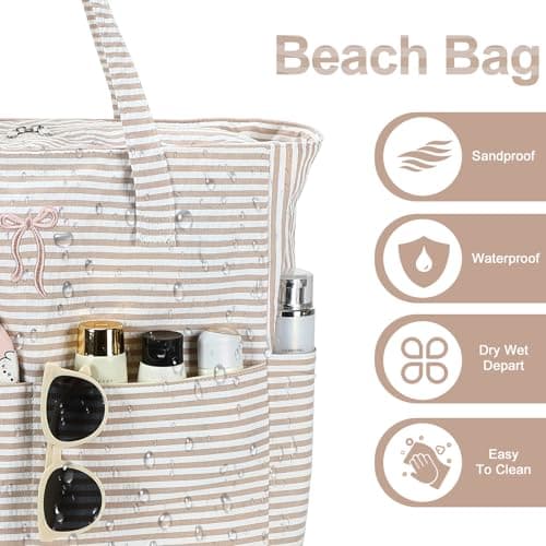 Bluboon Beach Bags for Women, Large Waterproof Tote Bag With Wet Compartment for Pool Weekender Travel Gym, Brown Striped Bow, XL, Casual Sporty Tote — view 4
