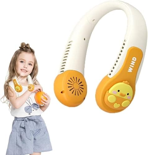 Portable Neck Fan for Kids,1800mAh Cartoon Bladeless Neck Fan,Wearable Hands Free Bladeless Mini-Fan,1200mAh Neck Fan with 3 Speeds Adjustable,for Kids Girls Students Outdoor Indoor (Yellow)