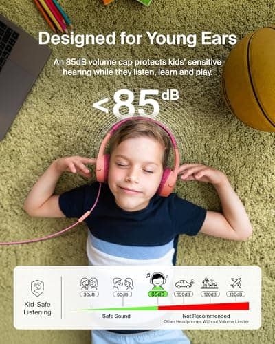 Belkin SoundForm Mini Kids Wired Headphones with USB-C to 3.5mm Dongle, Built-in Mic & Fun Stickers, 85dB Max Volume – for Online Learning, Travel, Compatible with iPhone, iPad, Galaxy, etc - Pink — view 2