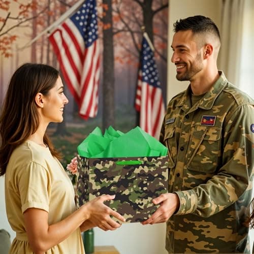 Camouflage Birthday Gift Bag with Card & 3 Sheets Green Tissue Paper, Army Military Theme Present Bag for Boys Men, Large Luxury Camo Wrap for Soldiers, Father's Day, Kids Party — view 3