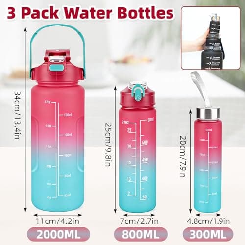 Weal4All 3 Pack Sports Water Bottles with Straws and Handle, 2L Large Plastic Drinking Bottle for Kids Adults Gyms School Home Office Outdoors, BPA Free & Leakproof — view 3