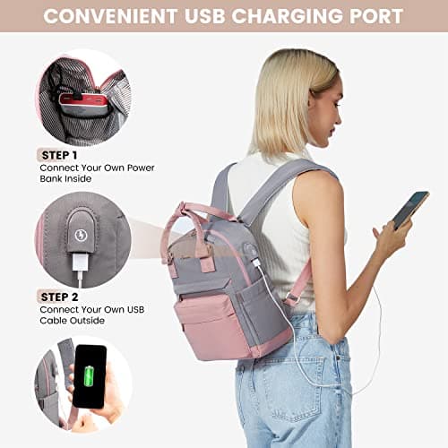 LOVEVOOK Backpack Womens Small Fashion Rucksack Bag for Ladies with USB Port Waterproof Handbag for Girls Anti-theft Mini Casual Daypack City Pack for School Uni Travel, Pink Grey — view 4