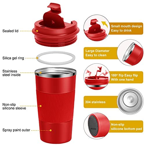 YINJAM Travel Mug 510ml Reusable Insulated Coffee Cups Vacuum Insulation Stainless Steel Thermal Bottle for Hot Cold Drinks (Red, 510ml) — view 2