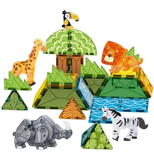 Oriate Magnet Safari Animals Magnetic Tiles Blocks, 30pcs Movable Joint Zoo Animals with Magnetic Building Construction Magnet Tiles, Lion Zebra Giraffe Kids Educational Animal Toy Zoo Travel Set