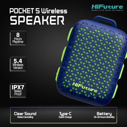 HiFuture Pocket S Bluetooth Speaker | 5.4 Wireless Speaker - IPX7 Waterproof Speaker with Type-C Charging | Portable Speaker with Built in Magnetic Clip - 5W Output with 8 Hours Playtime (Blue) — view 3