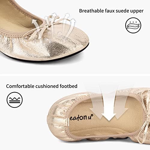 Greatonu Women's Ballet Pumps Comfort Foldable Portable Travel Slip on Slipper Bow Tie Flats Shoes Gold UK 5 — view 4