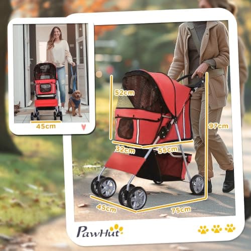 PawHut Pet Stroller for Small Miniature Dogs Cats with Wheels Red — view 3