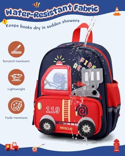 PROTAURI Toddler Backpack Boys with Chest Strap, Kids Backpack 3D Fire Engine Reflective 360° Water Repellent & Lightweight, School Bags Fits DIN A4 for 2-6 Years, 10.6L, Navy Blue — view 5