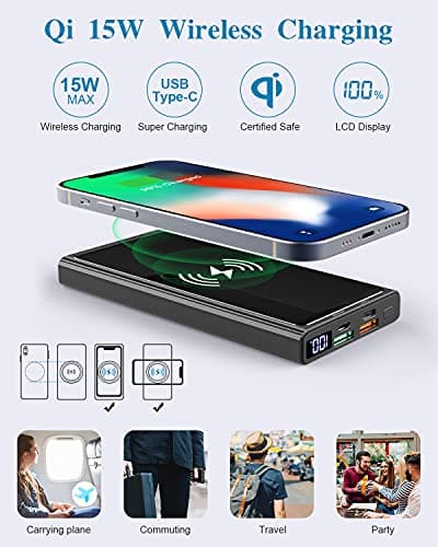 Wireless Portable Charger, Ultra Slim PD20W USB C Fast Charging 10000mAh Power Bank LED Display, External Battery Pack, Travel Essential Phone Powerbank for iPhone 17 16 Samsung S25 Google etc (black) — view 3