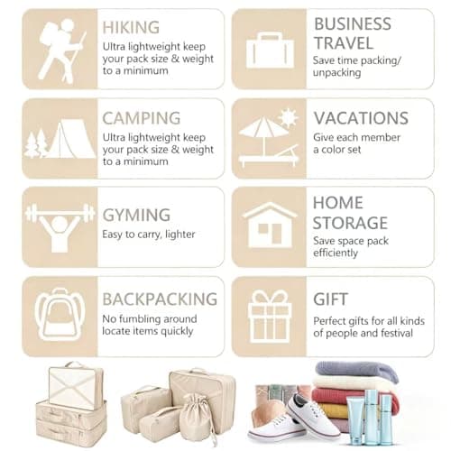 BETLLEMORY Packing Cubes 8 sets Travel Luggage Organizers with Waterproof Shoe Storage Bag Compression Pouches (Beige) — view 4