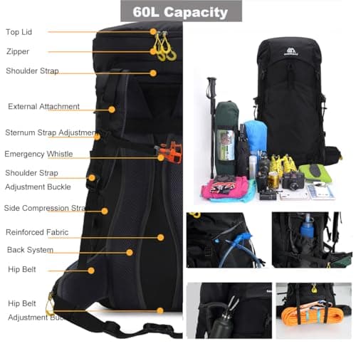 Hnayett 60L Hiking Backpack Waterproof Rucksack Large Camping Bag with Rain Cover for Men Women Lightweight Back Pack for Trekking Walking Cycling Climbing Travelling Outdoor Sports — view 4