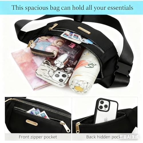 Qinsky Fashionable Fanny Pack Waist Bag Unisex Black Bum Bag - Water-Resistant Travel Pouch with 3 Zipper Pockets for Women Men Hiking Commute Essentials Secure Carry (Black) — view 5