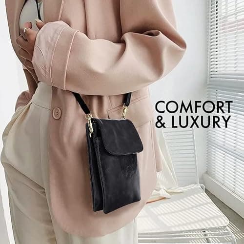 Woodland Leather Phone Bag, Crossbody Bags For Women Vegan Leather Cell Phone Purse Wallet Small Shoulder Bag - Fit All Phones phone bags for women crossbody with Anti theft zipper pocket, Black — view 2