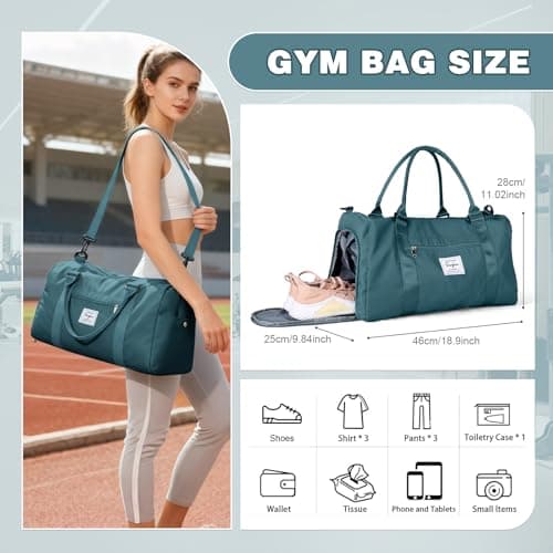 WEPLAN Gym Bag Womens Men Sports Fitness Bags Weekend Overnight Bag Travel Duffle Bags for Women with Shoes Compartment Wet Pocket,Holdall Hospital for Swimming Carry on Hand Luggag,A7-Peacock Blue — view 3