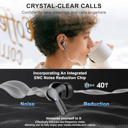 Wireless Earbuds, Bluetooth 5.4 Headphones in Ear with 4 ENC Noise Cancelling Mic,Wireless Earphones HiFi Stereo Deep Bass,Bluetooth Earbuds Dual LED Display, 40H Playtime, IP7 Waterproof, USB-C,Black — view 3