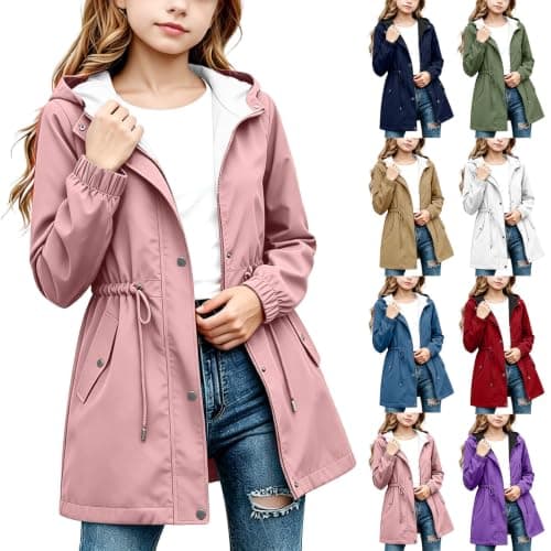 Pink Girls Waterproof Jacket Windproof Hooded Raincoat Outdoor 11 Years