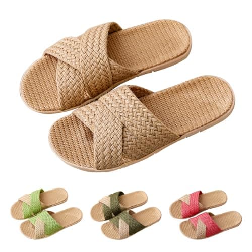 Women'S Linen Woven Sliders, Summer Wide Fit Open Toe Slippers Flats Slip-Resistant Flax Slides Sandals Slip On House Bamboo Shoes Lightweight Classic Indoor Footwear Casual Comfort Sandal For Shower — view 3