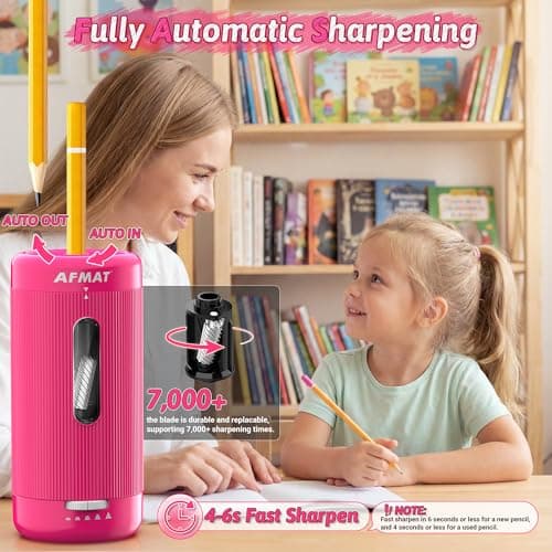 AFMAT Fully Automatic Electric Pencil Sharpener, Auto in & Out, Rechargeable Hands-Free Pencil Sharpener for Jumbo & Colored Pencils (6.5-12mm), Portable for Home/Classroom/Office, Rose, PSC3 — view 2