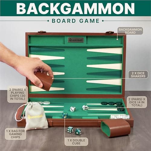 Large Backgammon Set for Adults – Classic Board Game for 2 Players – 15 Inch Premium Backgammon Board with Alcantara & Faux Leather Case, 32 Playing Chips, Dice Cups & Doubling Cube — view 5