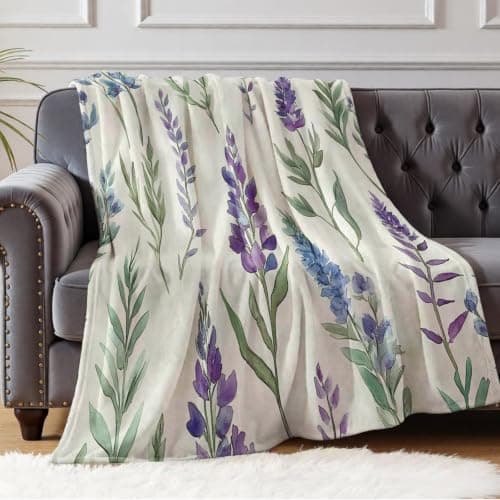 Fleece Flannel Throw Blanket for Bed Sofa Travel Soft Microfiber Blanket for Adults Kids Lightweight Green plants and lavender 70 x 100 cm