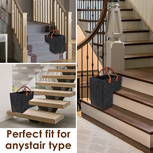 Keyohome Foldable L-shape Stair Basket Organiser, Large Stair Storage Organizer, Large Stair Tidy Basket Storage, Felt Stair Storage Bag with Faux Leather Handles for Laundry Toys Household (Black) — view 6