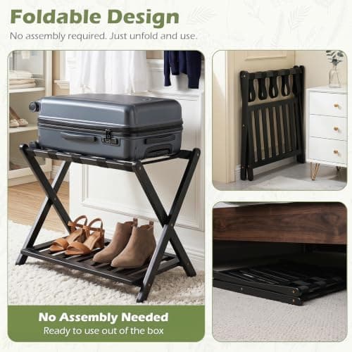 COSTWAY Bamboo Luggage Rack, Folding Suitcase Stand (Black, 1PC) — view 3