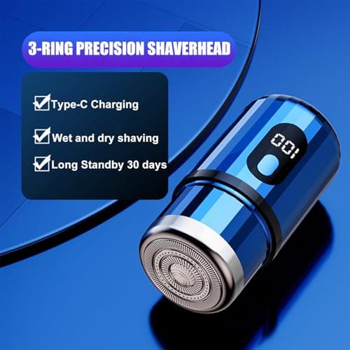 Mini Electric Shaver for Men Women, USB-C Rechargeable Capsule Razor with Wet and Dry Shaving, Portable Shaver with Digital Display, Cordless Compact Shaver for Travel Home Business Trip (Blue) — view 2
