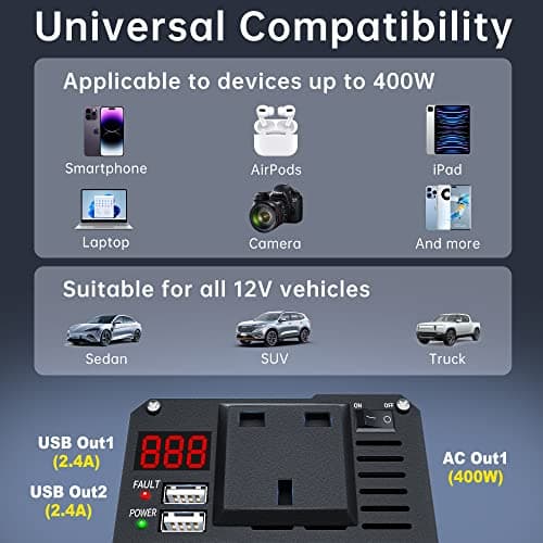 BGFOX 400W Car Power Inverter DC 12V to AC 240V 230V Voltage Converter with 2 USB 4.8A Ports for Charge Your Laptop, for iPad, iPhone, Tablet, Aluminium Body & Smart Digital Display - Silver — view 3