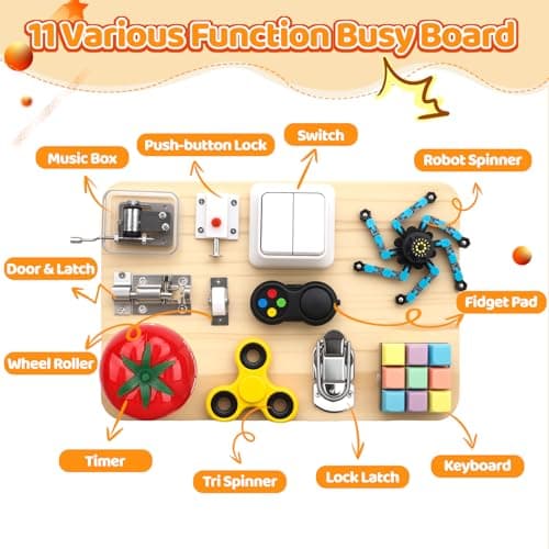 Busy Board Toy for Toddlers, Wooden 11 in 1 Montessori Educational Fidget Sensory Toys for Stress Relief, 27cm Activity Board for Kids Preschool Learning, Car Airplane Travel Birthday Desk Gift — view 3