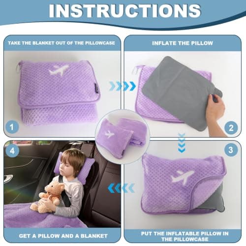 Nenolix 3 in 1 Travel Pillow and Blanket Set - 280 GSM Travel Blanket Airplane Compact with Bag, Inflatable Travel Pillow, Packable Airplane Blanket, Luggage Sleeve & Backpack Clip (Light Purple) — view 6