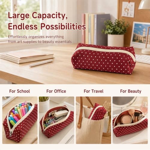 Polka Dot Multi Compartment Pencil Case, Canvas Stationery Storage Pouch — view 4