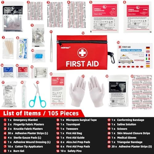 HONYAO First Aid Kit, 105 Pieces Small First Aid Kit, Includes Plasters, Emergency Foil Blanket, Burn Gel, Eyewash for Travel Car Home Workplace Kids Camping Hiking Motorbike Holiday, Red — view 2