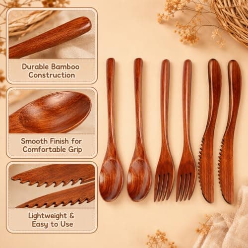 6Pcs Wooden Cutlery Set, Bamboo Cutlery, Natural Lacquer Finish — view 3