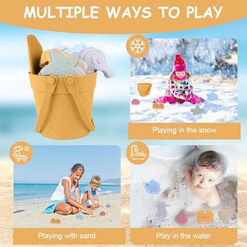 HOTUT Sand Toys for Kids, 8 Pack Silicone Sand Toy with Foldable Bucket, Shovel and Moulds, Summer Beach Toys for Kids, Beach Toy for Sandbox and Beach — view 4