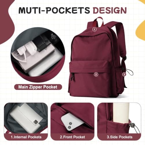 HYC00 School Backpack Womens Secondary Causal Travel High School Bags for Teenage Girls Boys 14 Inch Laptop Backpack Rucksack Bag for Women College Bags Water Resistant Bookbag Work Back Pack,A5-Red — view 4