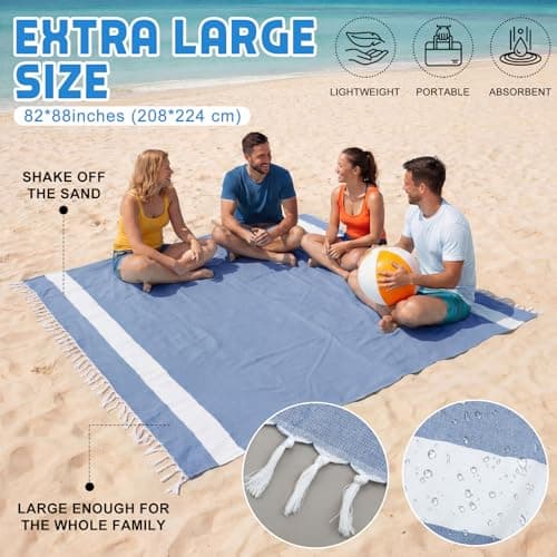 HunnmingRe 1 Pcs 82 x 88 Inch Extra Large Magnetic Beach Towel Oversized Turkish Blanket Cotton XXL Sandproof Towels Huge Big Giant Throw Quilt Blankets for Adult Picnic Camping Travel Pool (Blue) — view 4